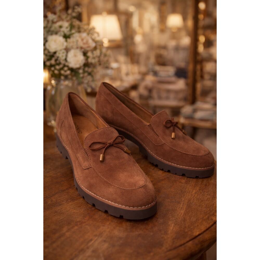 Vionic Finley Brown Suede Loafers Lug Sole Bow Slip On Shoes US 9 EU 40 Casual